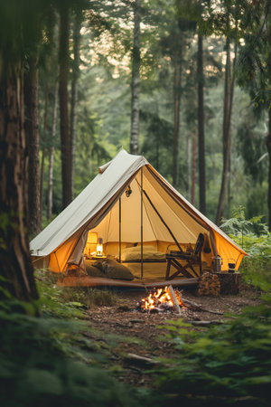 Cozy Glamping Tent in Forest with Campfire and Warm Lighting.の素材