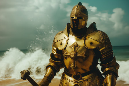 Medieval Knight in Golden Armor by the Seaside with Stormy Waves in the Background.の素材