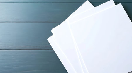 Blank White Papers on Blue Wooden Surface for Office and Creative Projects.の素材