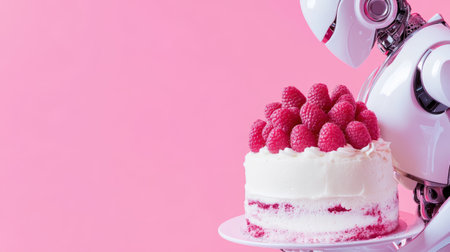 Robot Holding Raspberry Cake Against Pink Background Futuristic Dessert Concept in .の素材