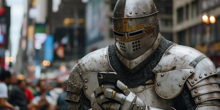 Medieval Knight Checking in Modern Urban Street.の素材