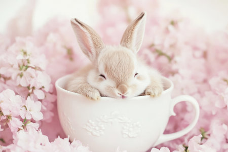 Adorable Bunny in Teacup Surrounded by Soft Pink Cherry Blossoms.の素材