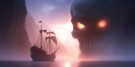 Mysterious Pirate Ship and Enigmatic Skull over Misty Ocean at Sunset.の素材