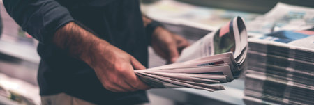 Man Reading Newspapers in a Store Daily News and Print Media Concept.の素材