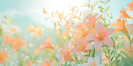Serene Sunrise Over Blooming Lilies in a Tranquil Meadow.の素材