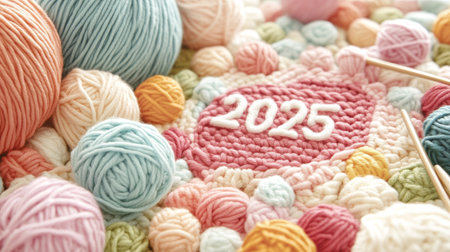 Colorful Yarn Balls and Knitting Needles with 2025 in Center Creative Craft Trend for 2025.の素材