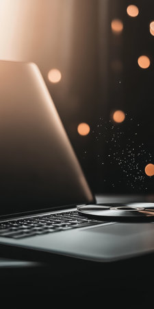 Sleek Laptop with Streaming Service Concept and Bokeh Lighting in Cozy Setting.の素材