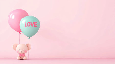 Cute Teddy Bear with Pink and Mint Balloons on Pastel Background for Valentine's Day.の素材