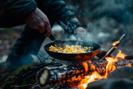 Cooking Over Campfire with Skillet in Forest During Outdoor Adventure.の素材