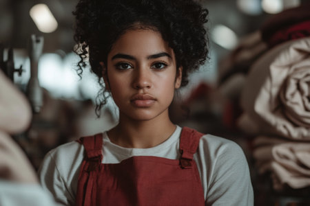 Young Woman with Curly Hair Working in a Textiles Warehouse.の素材