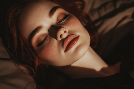 Serene Portrait of a Young Woman with Closed Eyes in Soft Lighting.の素材