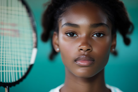 Focused Young Athlete with Badminton Racket in Intense Sports Portrait.の素材