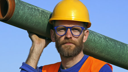 Construction Worker in Safety Gear Carrying Pipe on Building Site.の素材