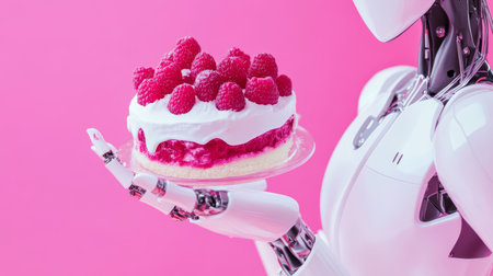 Futuristic Robot Holding Raspberry Cake on Pink Background.の素材