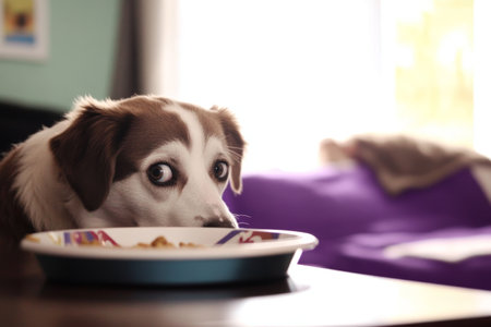 Curious Dog Peeking Over Table Eating Meal in Cozy Home.の素材