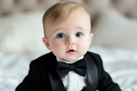 Adorable Baby in Formal Attire with a Black Bow Tie and Suit.の素材
