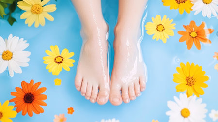 Relaxing Floral Foot Soak with Daisies in Water.の素材