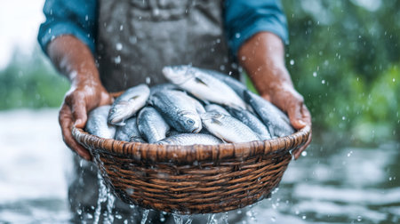 Fisherman Holding Basket of Freshly Caught Fish in Rainy Natural Setting.の素材