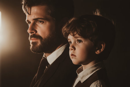Thoughtful Father and Son in Dramatic Lighting.の素材
