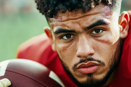 Intense Focus of a Young Athlete Holding a Football on the Field.の素材
