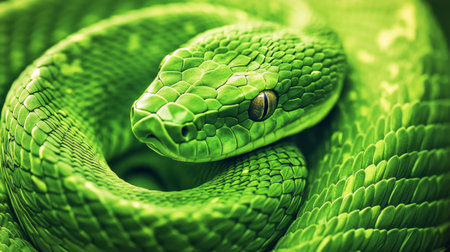 Close Up of Vibrant Green Snake Coiled in Nature's Lush Surroundings.の素材