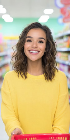 Smiling Woman Shopping in Grocery Store Aisle with Basket.の素材