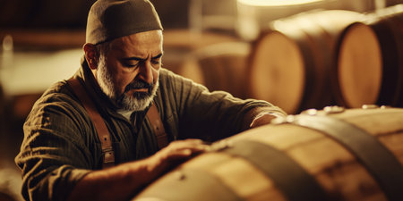 Skilled Artisan Inspecting Wine Barrel in Rustic Winery Setting.の素材