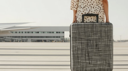 Traveler Standing with Suitcase on Airport Runway.の素材