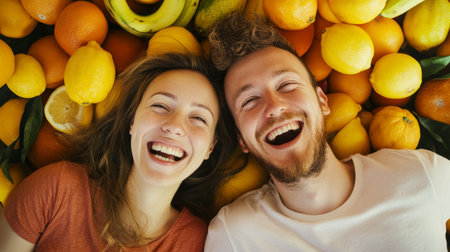 Joyful Couple Surrounded by Colorful Citrus Fruits in Vibrant Display of Happiness.の素材