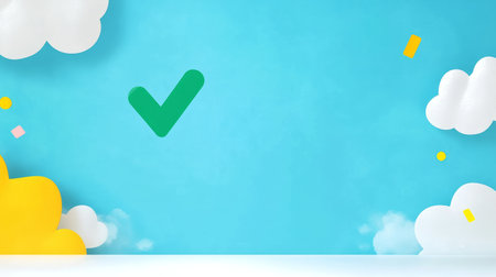 Abstract Cloudy Sky with Green Checkmark and Colorful Shapes on Blue Background.の素材