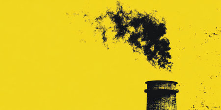 Industrial Smoke Emissions Against a Bright Yellow Background.の素材