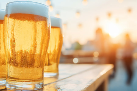 Refreshing Summer Evening Beer Glasses on Outdoor Patio at Sunset.の素材