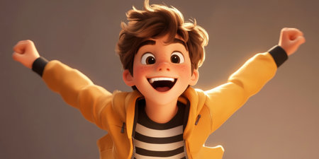Joyful Animated Child Celebrating in Yellow Jacket and Striped Shirt.の素材