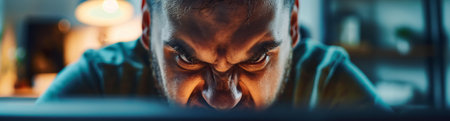 Angry Man Staring Intensely at Computer Screen in Moody Lighting Stress, Frustration, and Intensity at Work.の素材