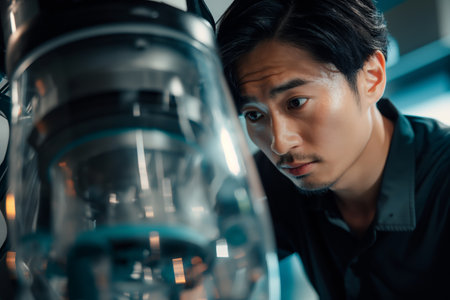 Focused Scientist Observing Experimental Equipment in Laboratory Setting.の素材