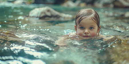 Child Swimming in Natural Pool with Clean Water and Rocky Surroundings.の素材