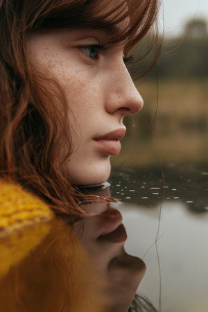 Contemplative Woman Reflecting on Water Surface in Tranquil Natural Setting.の素材
