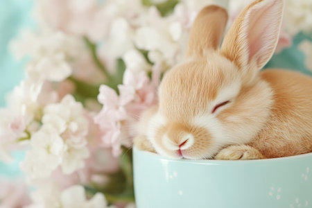 Adorable Bunny Nestled in Cup Amidst Spring Blossoms.の素材