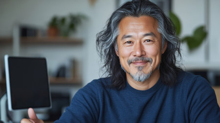 Smiling Man with Long Hair Working in a Modern Home Office.の素材