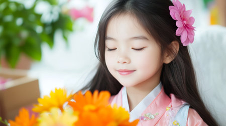 Serene Young Girl in Traditional Attire Enjoying Vibrant Flowers in Bloom.の素材