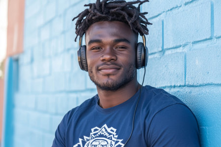Relaxed Young Man Listening to Music with Headphones Against Blue Brick Wall.の素材