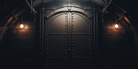 Mysterious Vault Door with Vintage Lighting in Industrial Setting.の素材