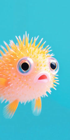Colorful Pufferfish with Big Eyes Against Vibrant Blue Background.の素材