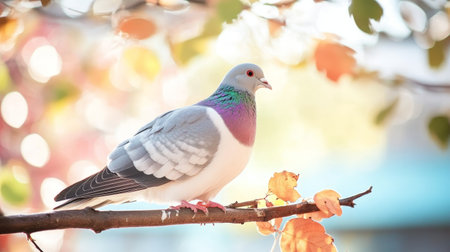 Colorful Pigeon Perched on Branch Surrounded by Autumn Leaves and Soft Bokeh Light.の素材