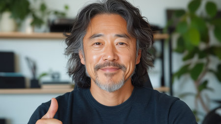 Smiling Man with Gray Hair Giving Thumbs Up in Modern Home Office.の素材
