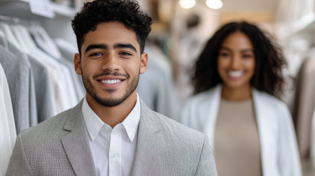 Smiling Professionals in Fashion Retail Setting Confident Men and Women in Stylish Suits.の素材
