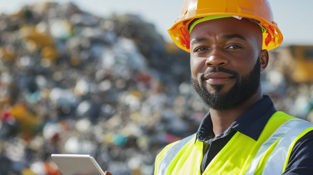 Confident Environmental Engineer in Hard Hat at Recycling Facility.の素材