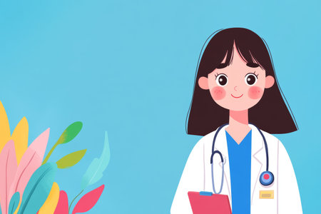 Smiling Nurse with Stethoscope in Blue Scrubs and Floral Background.の素材