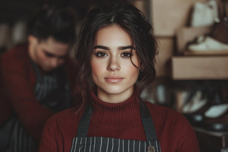 Portrait of Confident Woman in Apron at Rustic Workshop.の素材