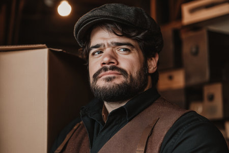 Portrait of a Bearded Man in Vintage Attire Holding a Cardboard Box.の素材